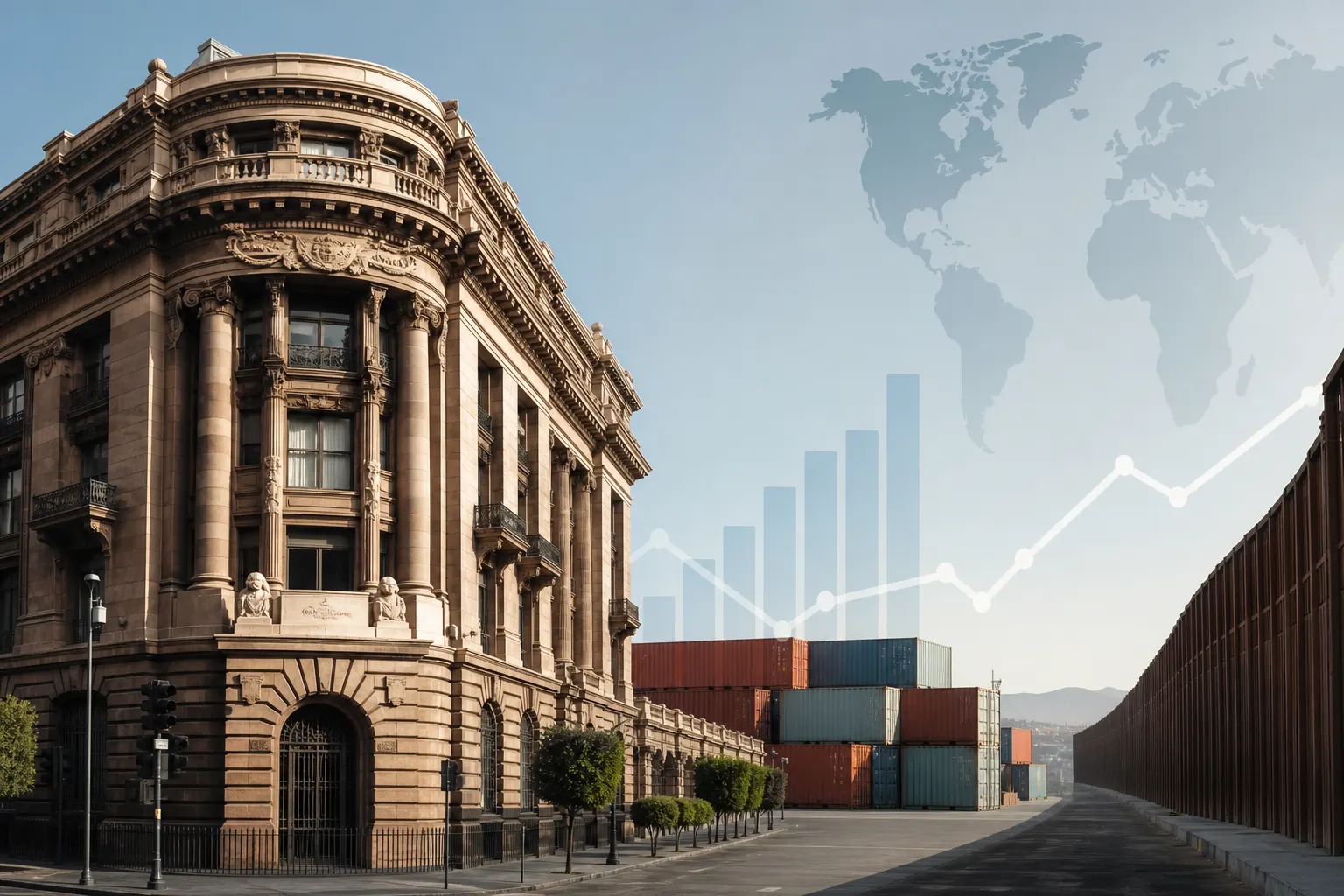 Edificio del Banco de México en la Ciudad de México junto a elementos de comercio exterior y gráficas económicas