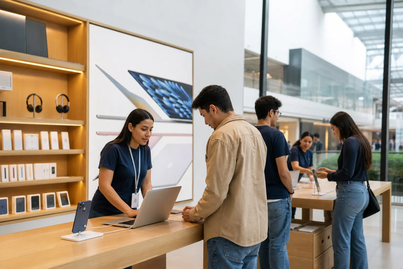 Interior de una tienda MacStore con dispositivos Apple y asesores en México