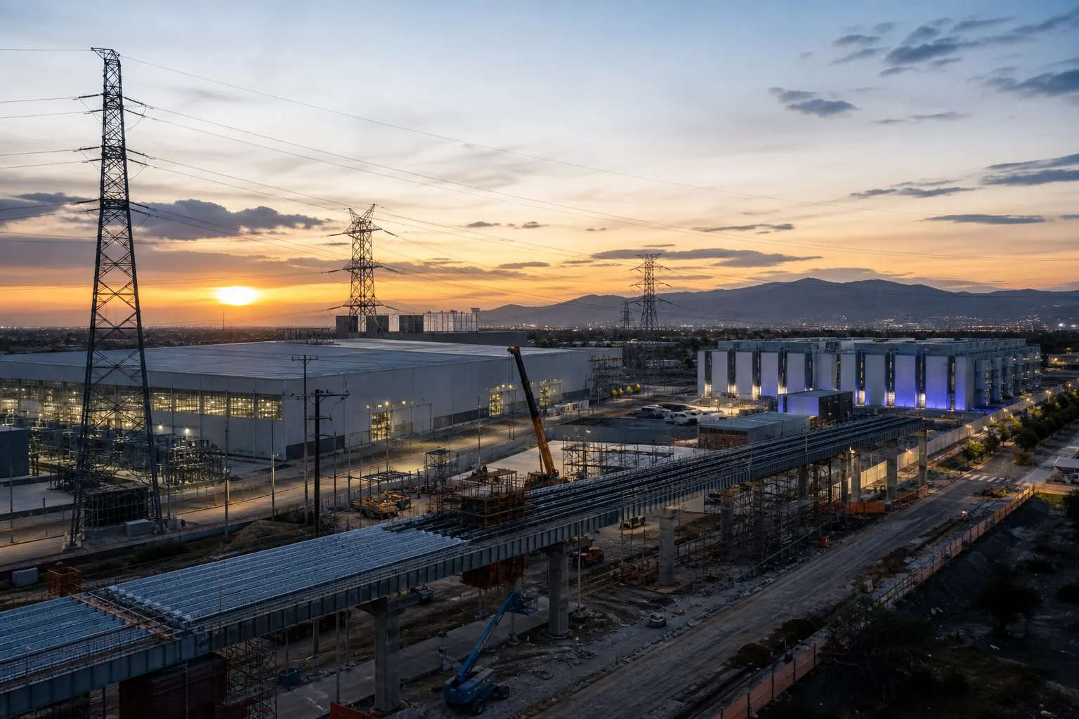 Obra de infraestructura, planta manufacturera y centro de datos en un corredor industrial de México