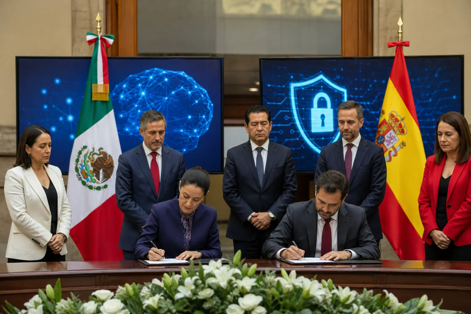 Funcionarios de México y España durante la firma de un acuerdo de cooperación digital en Ciudad de México