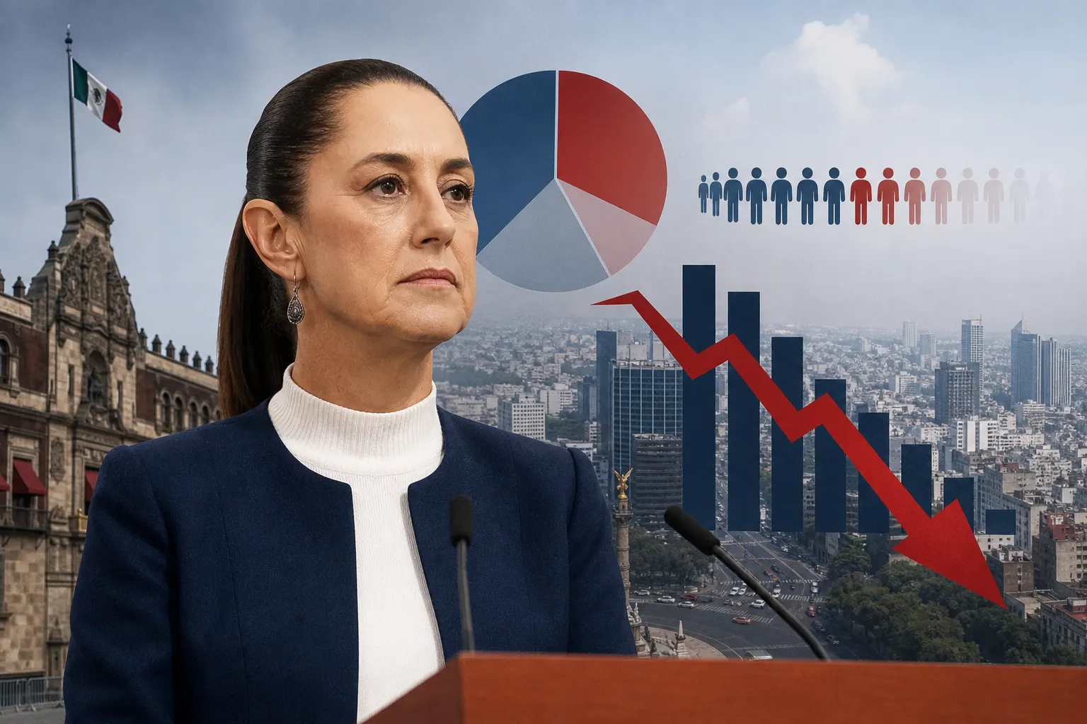 Claudia Sheinbaum y gráficos sobre aprobación presidencial e inseguridad en México