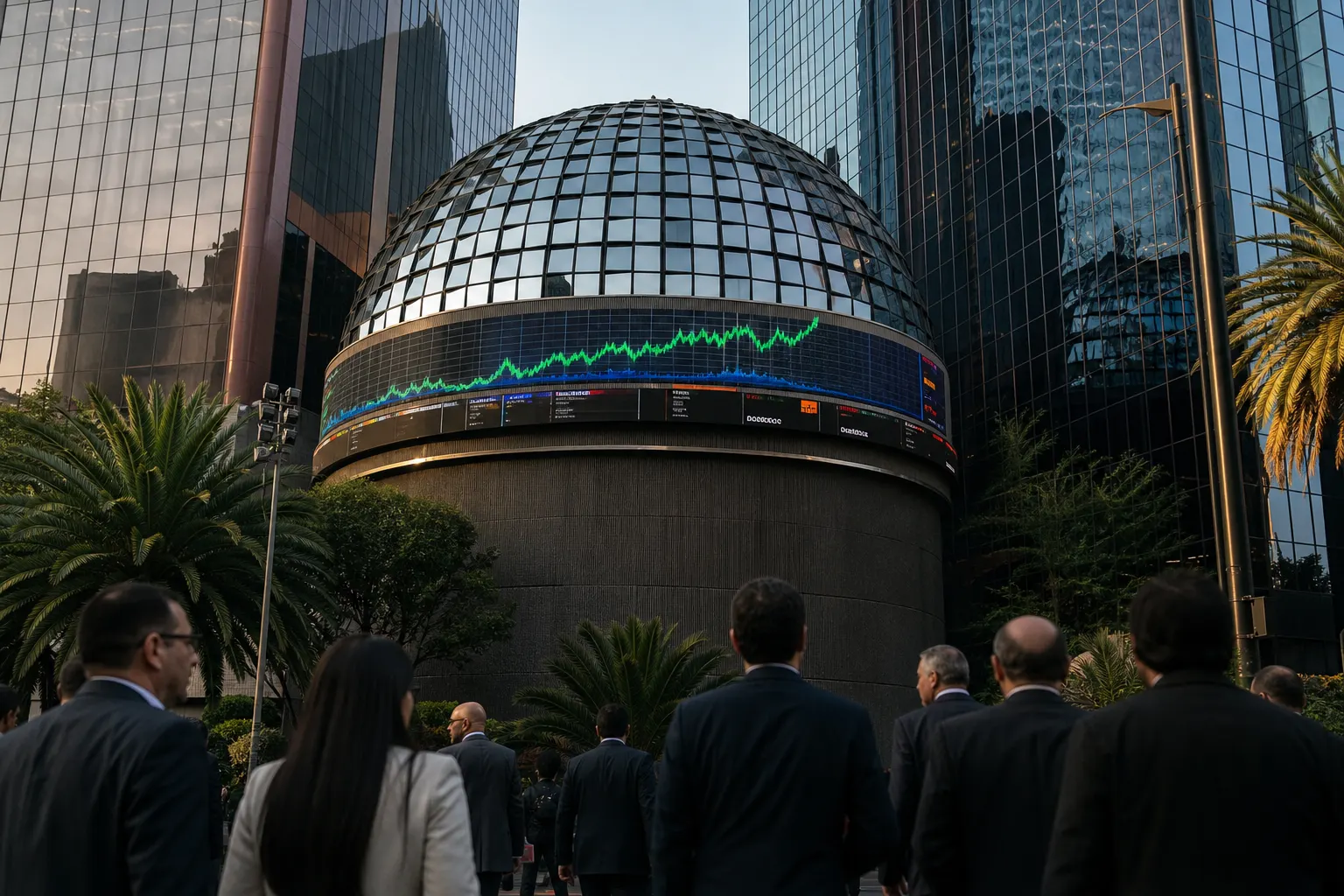 Pantallas de la Bolsa Mexicana de Valores durante una jornada de recuperación del IPC