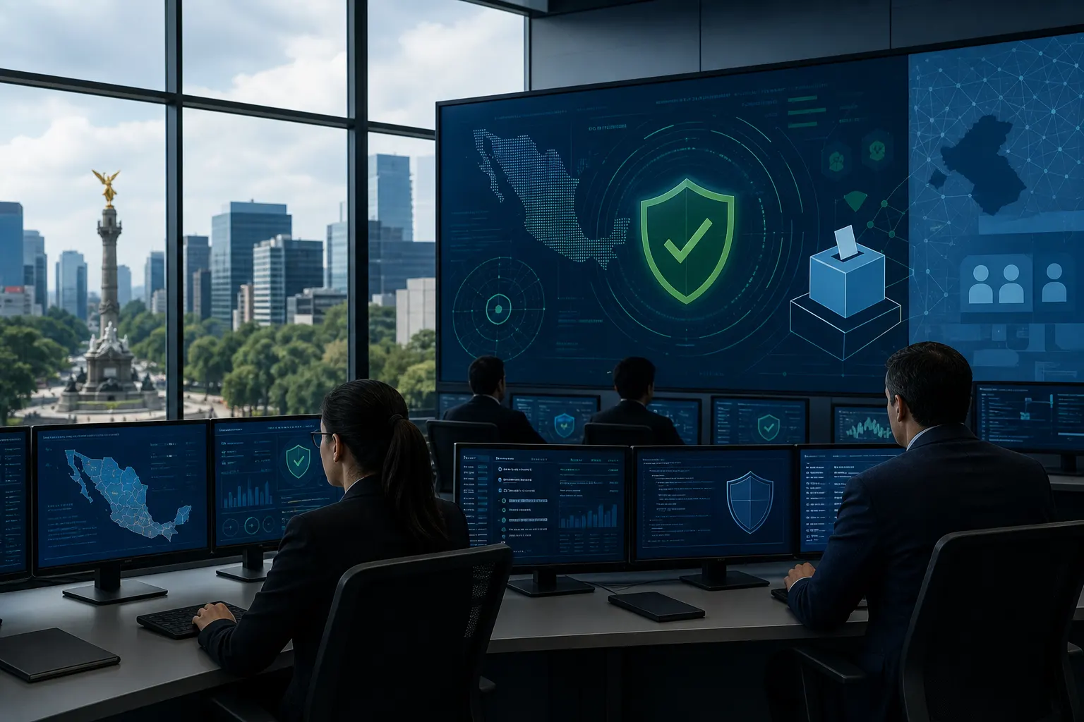 Centro de operaciones digitales que representa la ciberseguridad electoral del INE