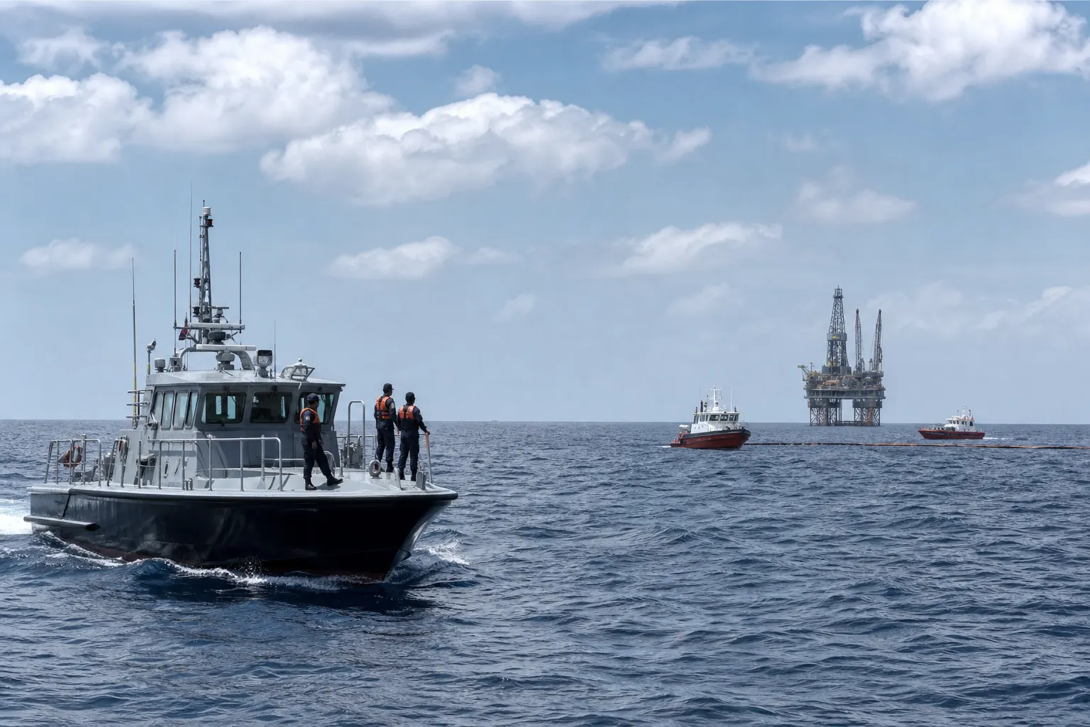 Embarcaciones de respuesta trabajan frente a instalaciones petroleras en la Sonda de Campeche tras una fuga en un ducto de Pemex.