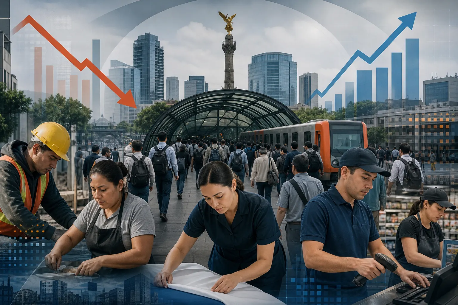 Personas trabajadoras en Ciudad de México frente a gráficos sobre empleo, desocupación e informalidad en agosto de 2026