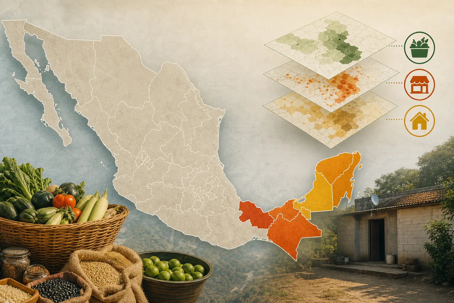 Mapa de México que destaca las entidades con mayores proporciones de hogares sin acceso a alimentos por falta de dinero o recursos