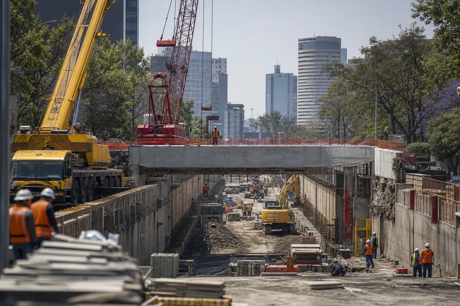 Obra de construcción y maquinaria pesada en la Ciudad de México, relacionada con la inversión fija bruta