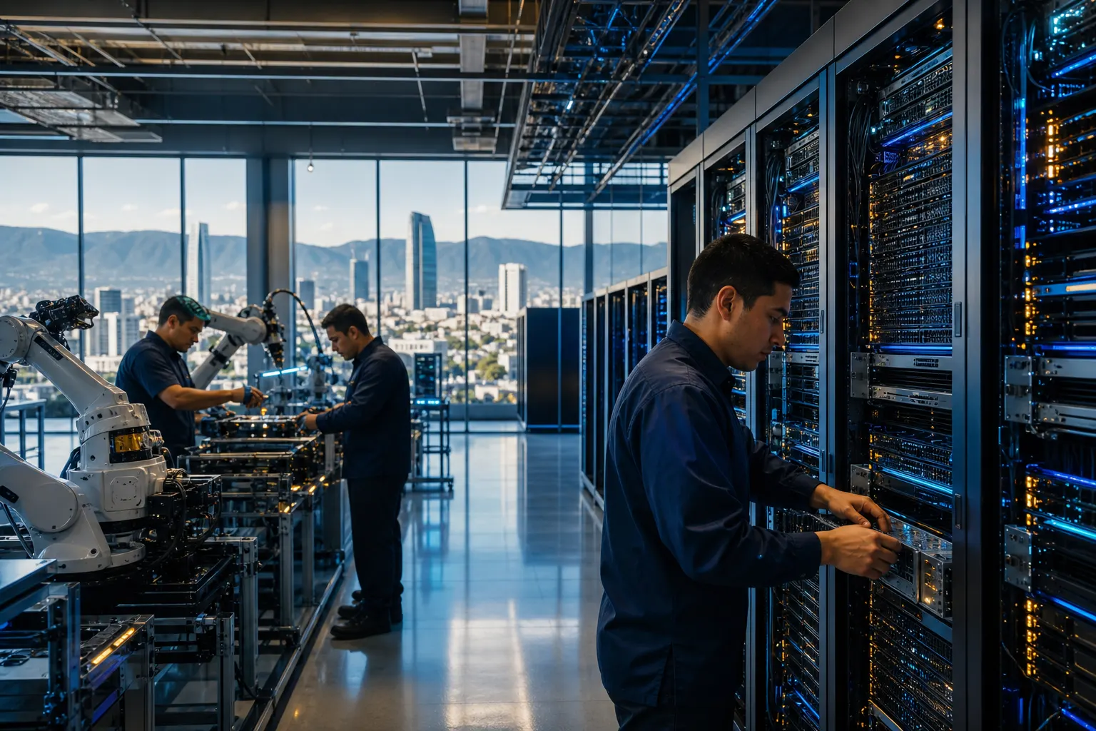 Técnicos trabajan en una planta mexicana de servidores para infraestructura de inteligencia artificial.