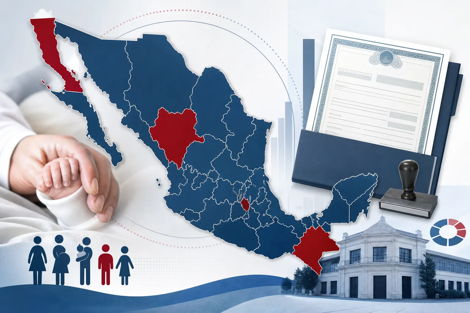 Mapa de México y acta de nacimiento para ilustrar los nacimientos registrados en 2025