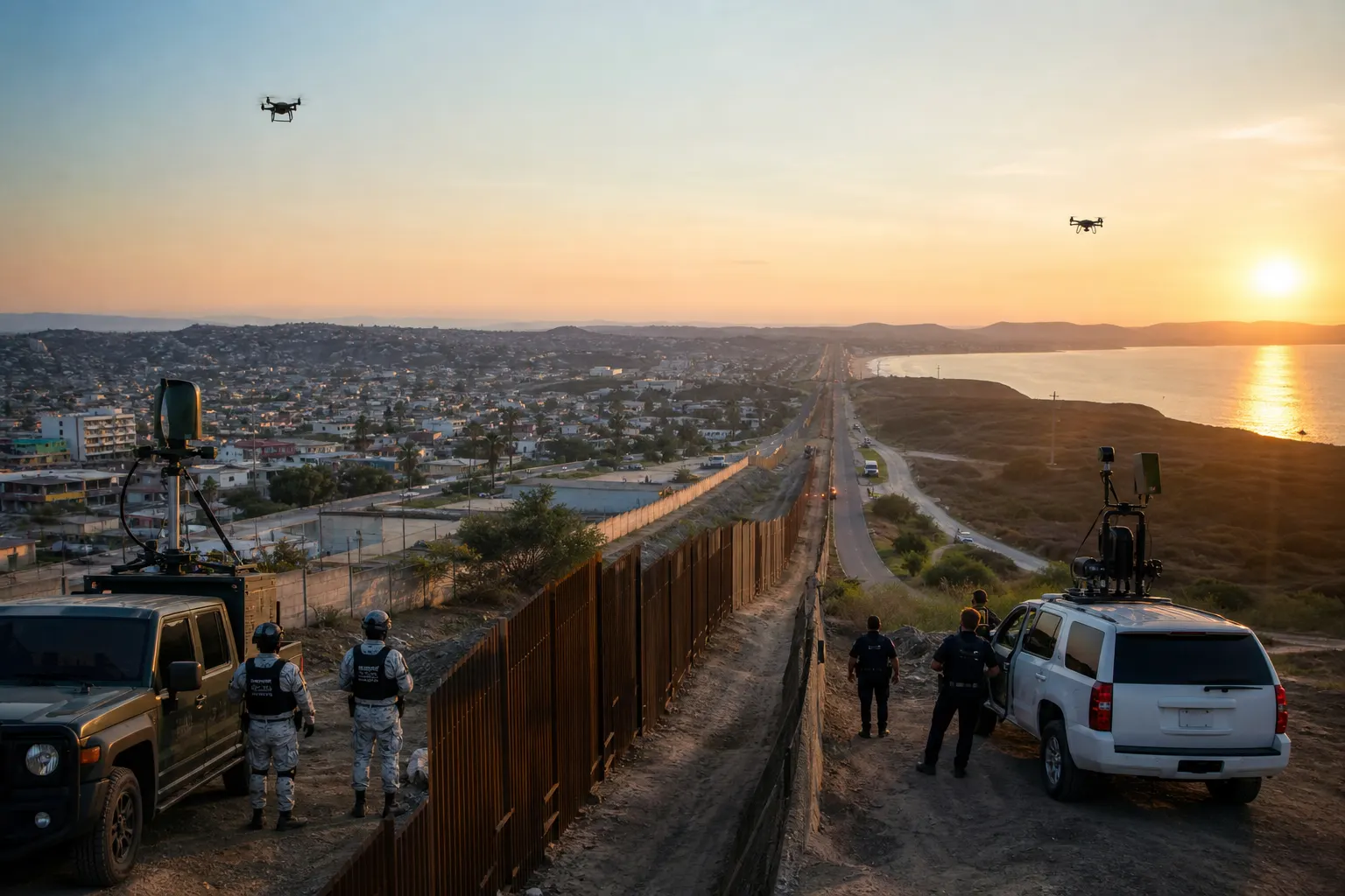 Equipos de seguridad vigilan drones en la frontera entre Tijuana y San Diego durante la operación Águila Alta