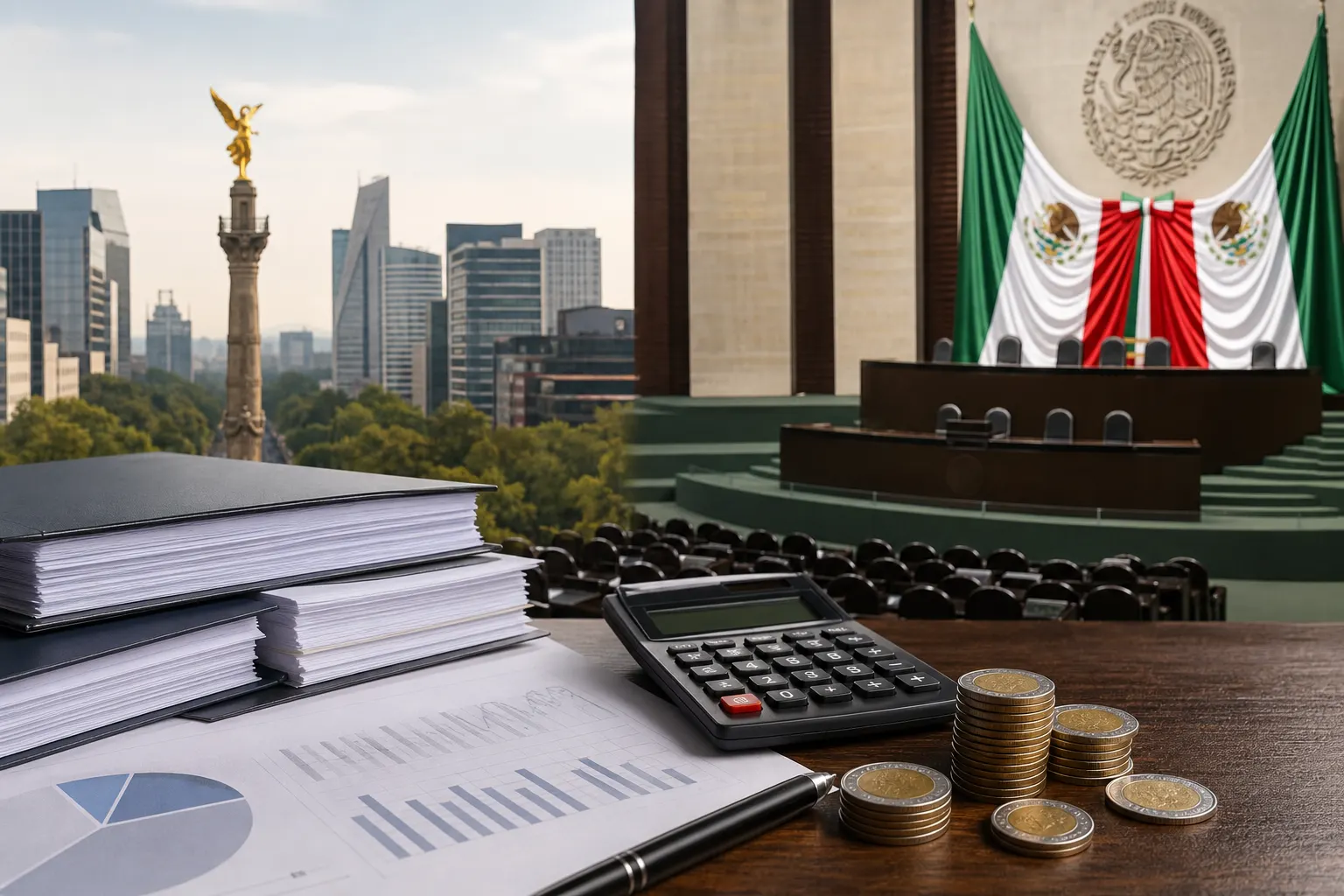 Documentos del Paquete Económico 2027 sobre una mesa junto a una calculadora y monedas mexicanas
