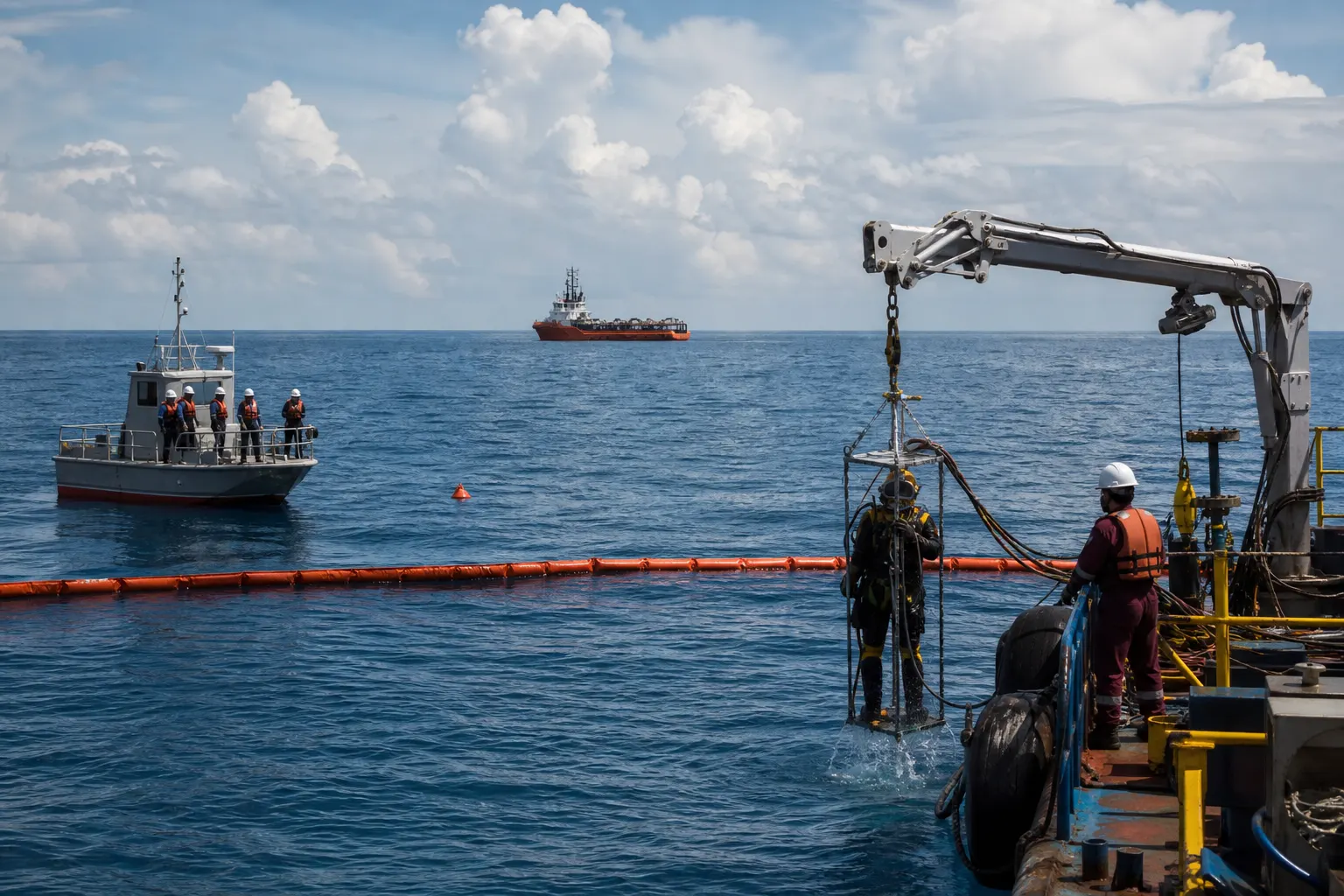 Embarcaciones trabajan en la reparación de un ducto marino frente a Campeche tras una fuga de hidrocarburos