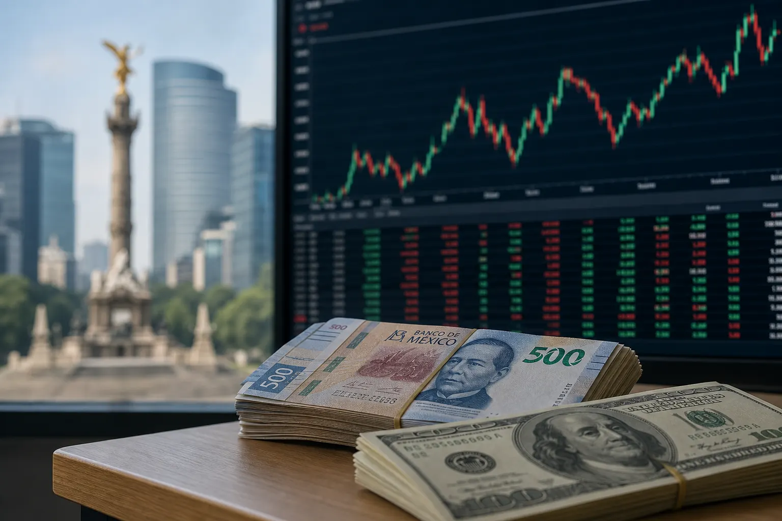Pantalla financiera con el peso mexicano por encima de 18 pesos por dólar