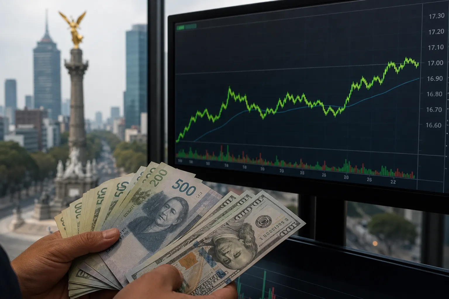Pantalla financiera con el tipo de cambio del peso mexicano frente al dólar cerca de 17 unidades