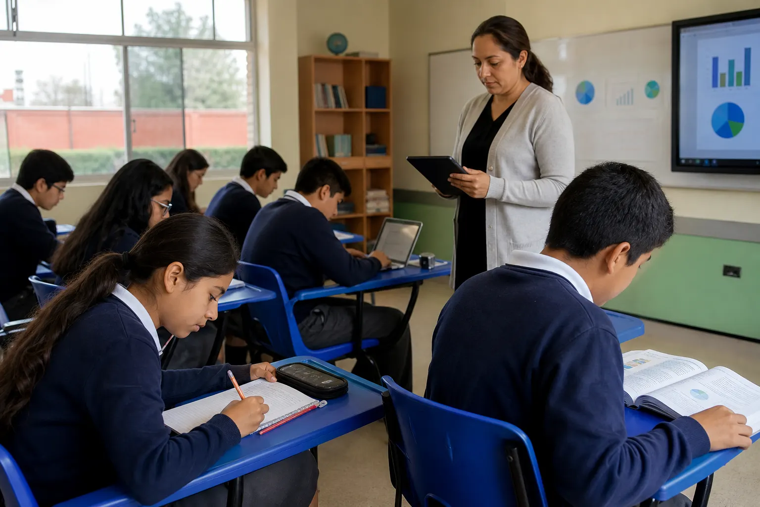 Estudiantes mexicanos realizan ejercicios de matemáticas y lectura en un salón de secundaria