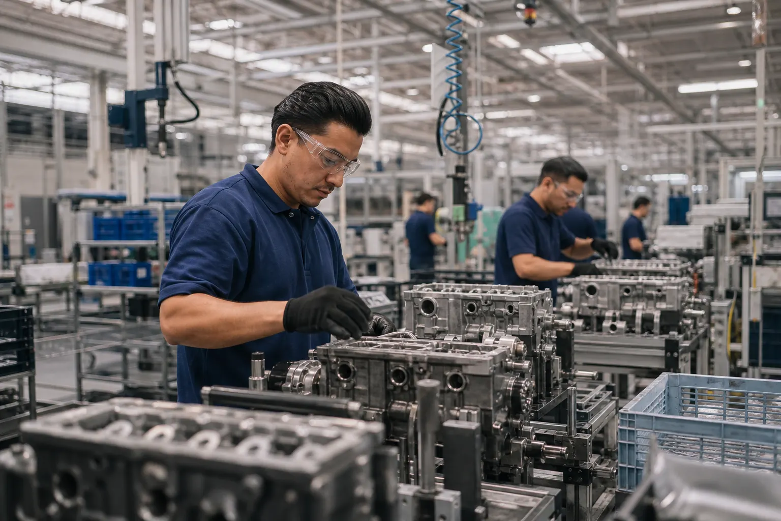 Trabajadores y maquinaria en una planta manufacturera mexicana