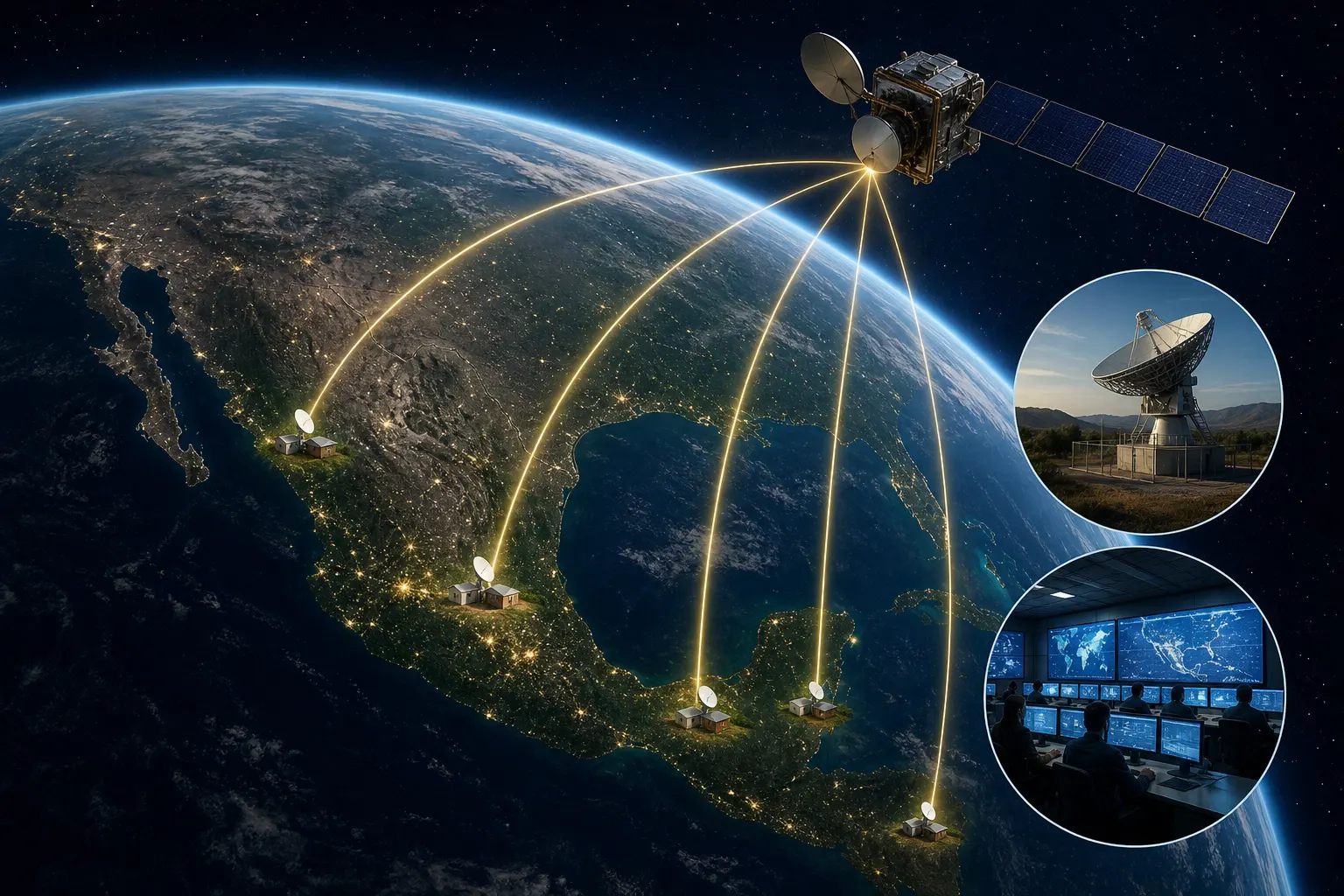 Satélite mexicano de telecomunicaciones sobre México con enlaces hacia comunidades rurales