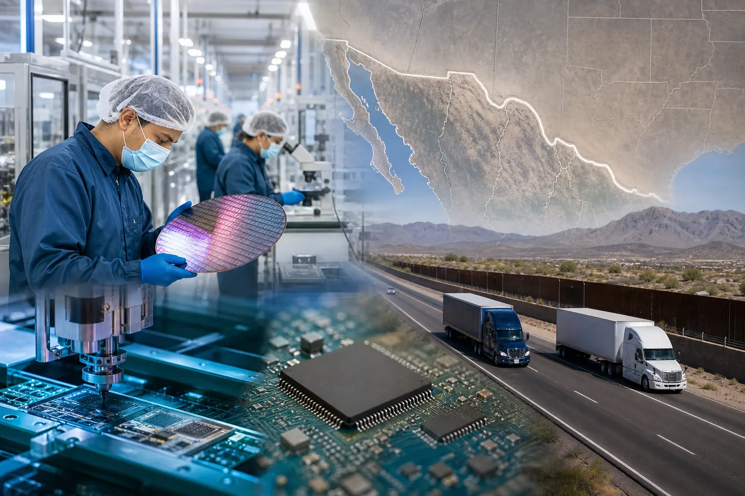 Técnicos trabajan con componentes electrónicos en una planta de semiconductores vinculada a México y Arizona