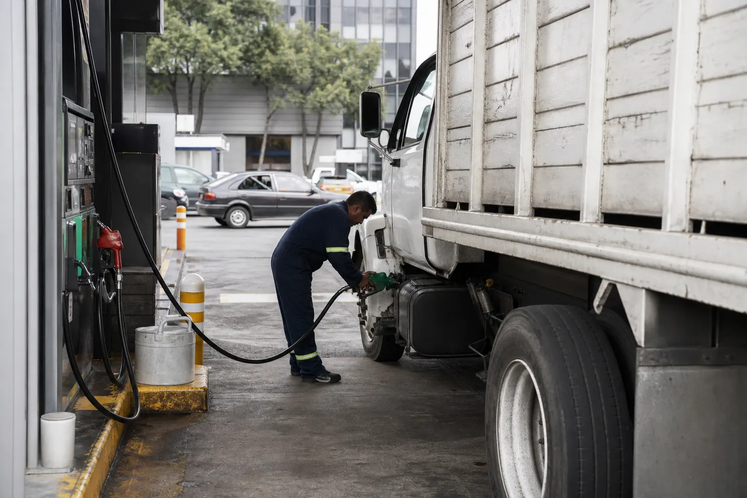 Camión de carga abasteciéndose de diésel en una estación de servicio de México