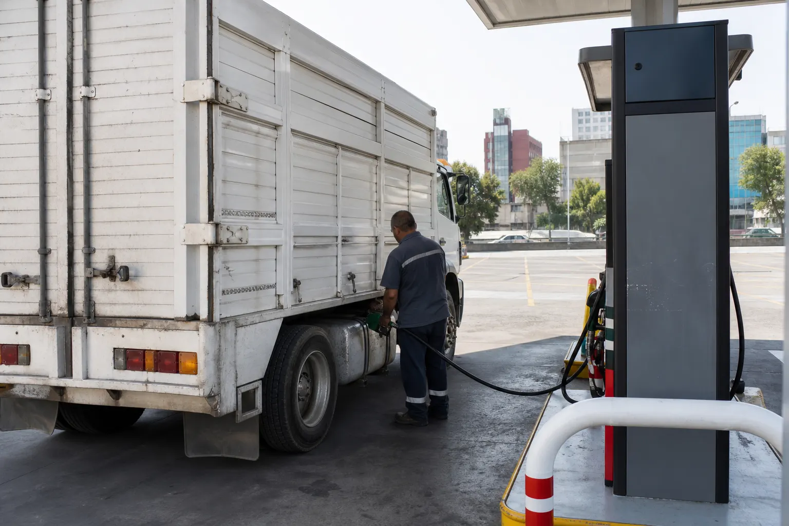 Camión de carga abasteciéndose de diésel en una gasolinera de México