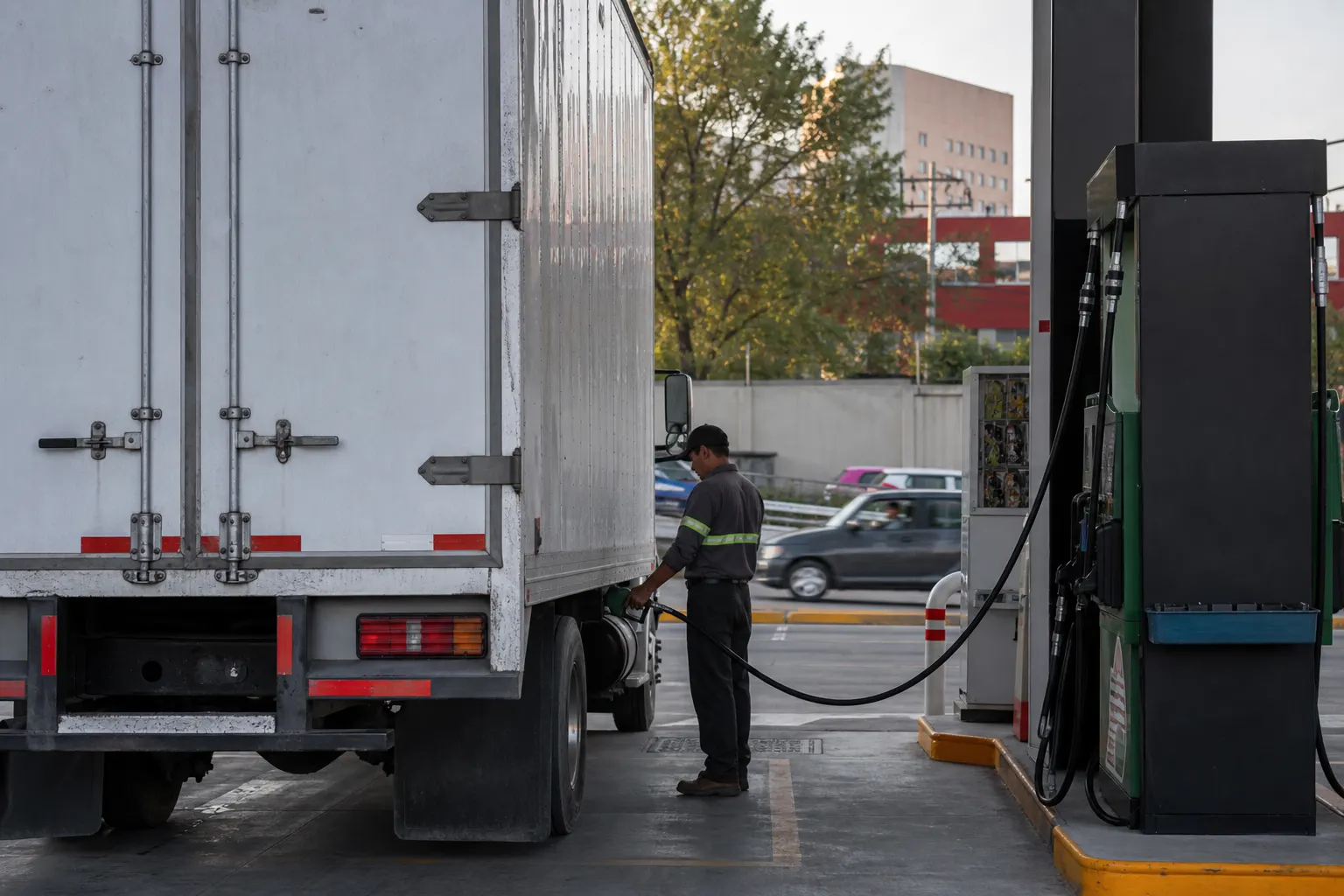 Camión de carga abasteciéndose de diésel en una estación de servicio de la Ciudad de México