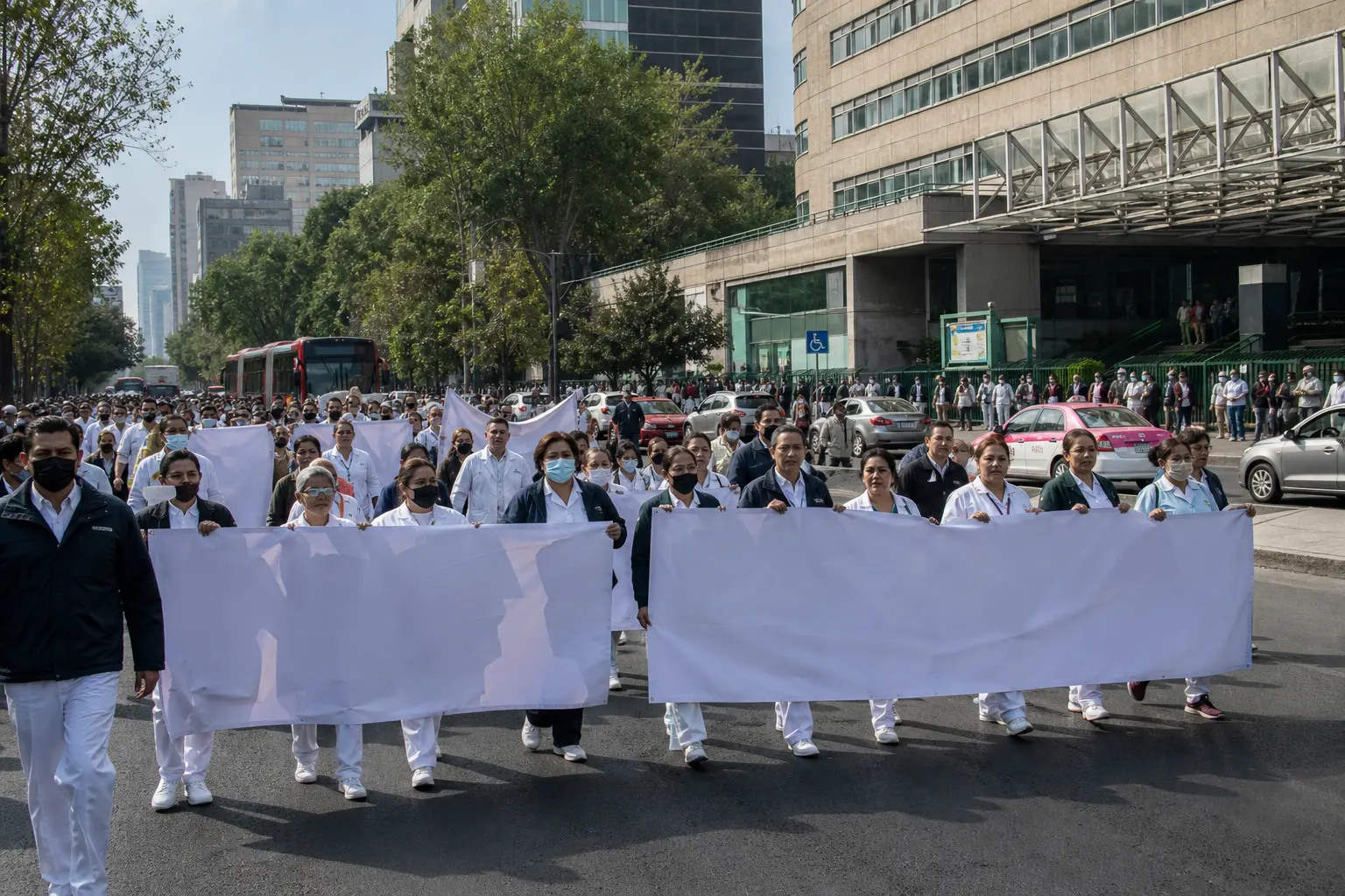 Trabajadores del IMSS se movilizan en Paseo de la Reforma durante la consulta salarial de 2026