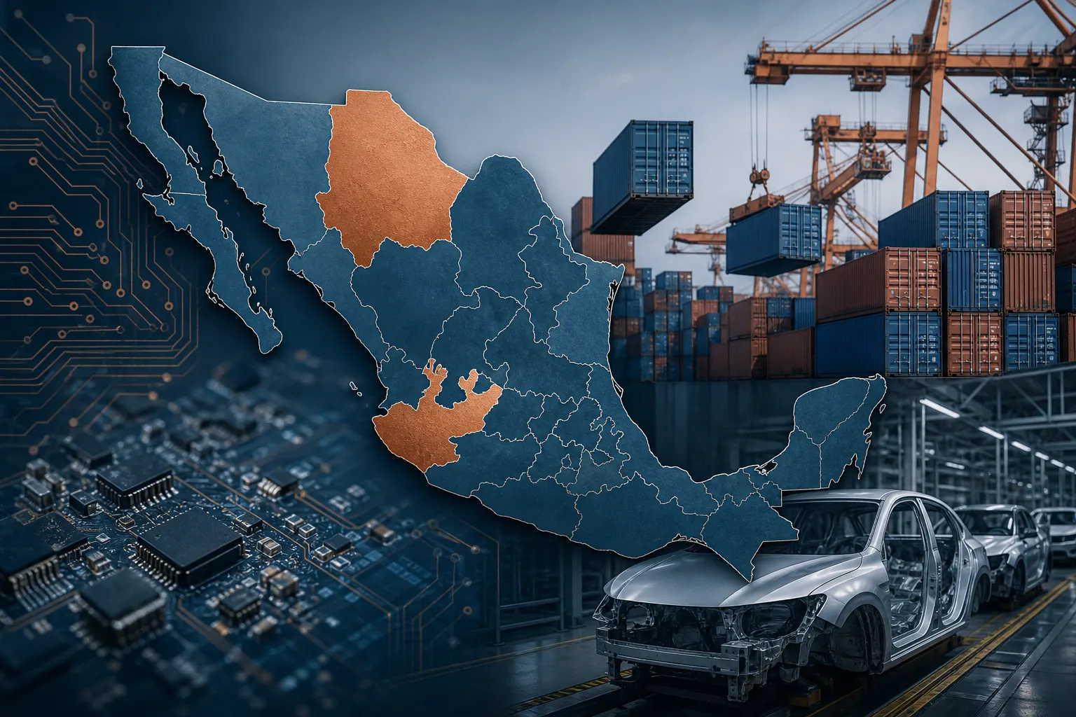 Mapa de México con Chihuahua y Jalisco destacados por el crecimiento de sus exportaciones electrónicas en 2026