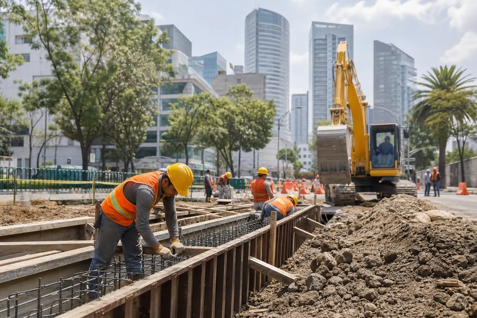 Trabajadores y maquinaria en una obra de infraestructura urbana en la Ciudad de México