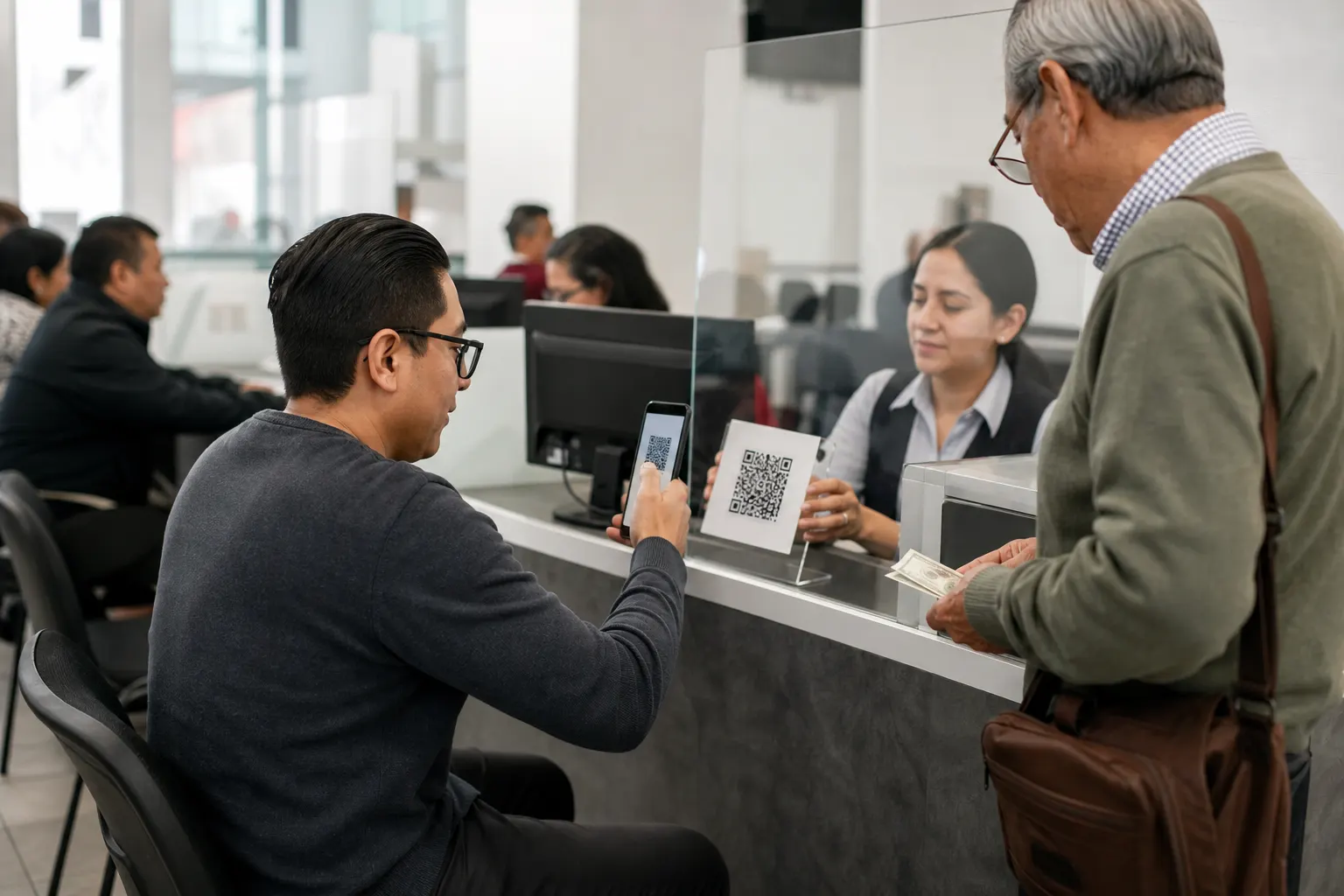 Persona realiza un pago digital en una oficina pública de la Ciudad de México mientras otra usuaria sostiene efectivo.
