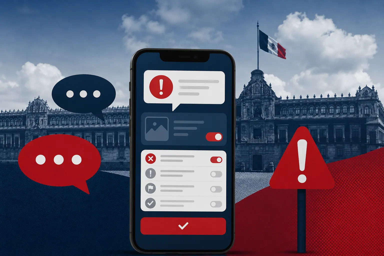 Ilustración sobre el proyecto de regulación de plataformas digitales en México y el retiro de contenidos violentos