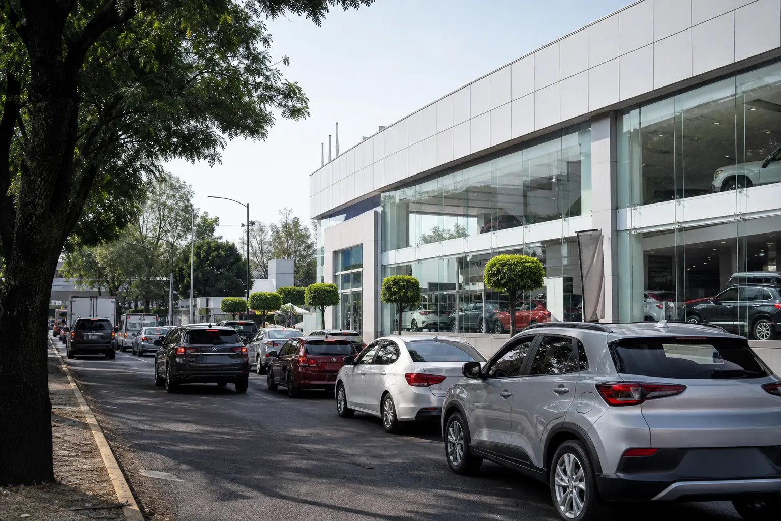 Agencia de autos nuevos junto a una avenida de la Ciudad de México