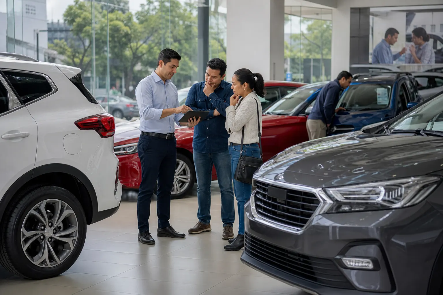 Agencia automotriz en México con vehículos nuevos en exhibición y compradores revisando opciones de financiamiento